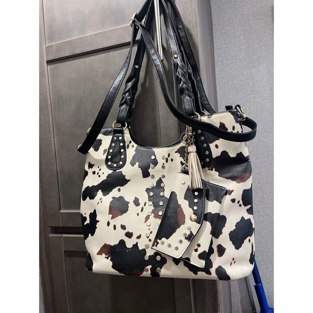 Sam & Hadley Leather Embossed Cow Print Tote w/attached Studded Wallet
